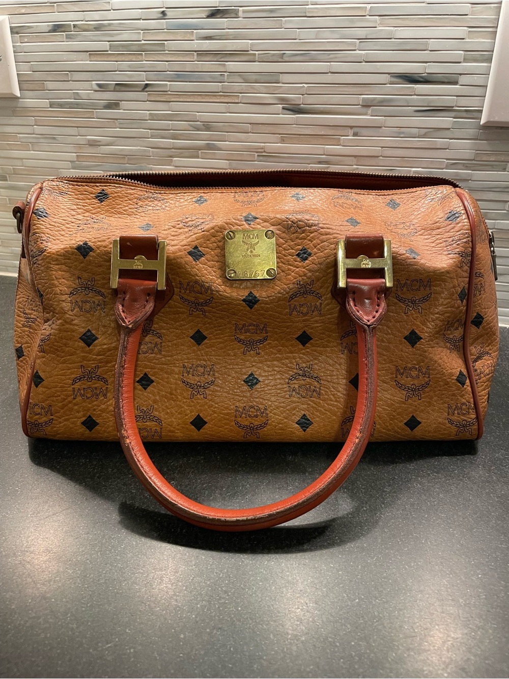 MCM Cognac Visetos Monogram Duffel with Gold Hardware